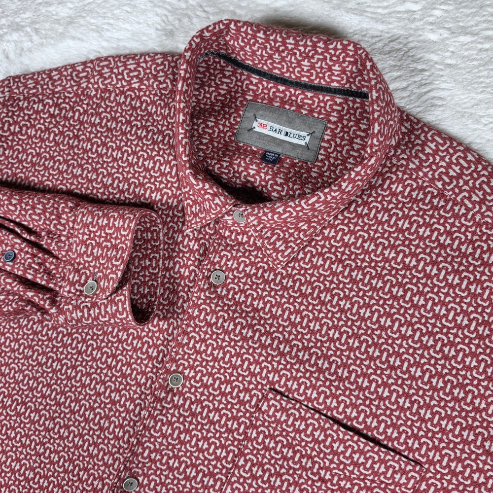 NEW 32 Bar Blues Button Up Mens XXXL Red Beige L/S Geometric Jacquard Shirt